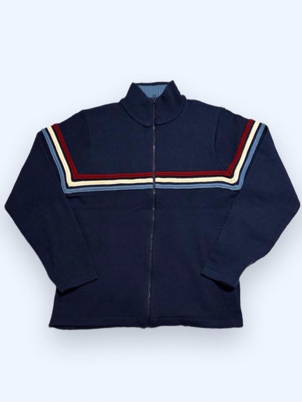 Retro navy zip up sweater with stripes